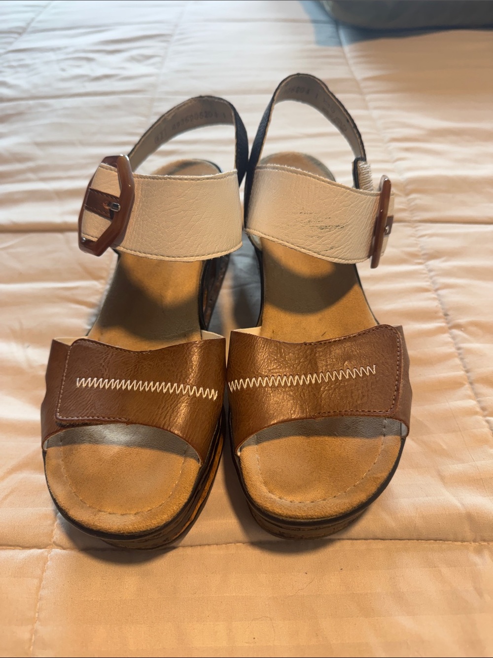 Rieker Brown and White Leather Platform Sandals
